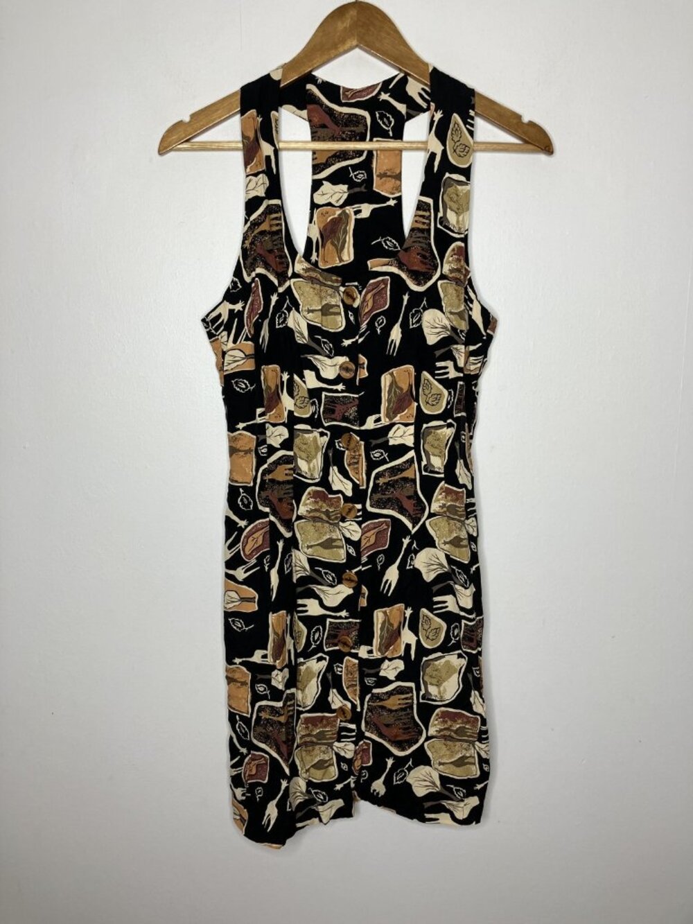 Vintage Shane Button Front Dress Size 11 Black Abstract Safari Print USA Medium